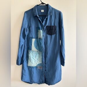 Blue Long Sleeve Sashiko Patchwork Dress